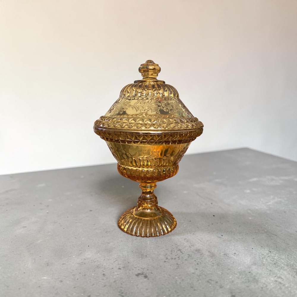 Vintage Amber Glass Pedestal Candy Dish Floral Diamond Point Footed Compote Lid